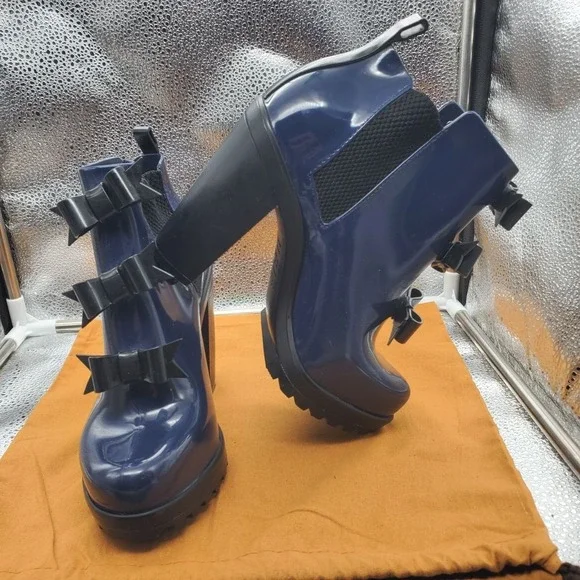 Melissa Karl Lagerfeld Boots‎ Womens 6 Blue Bow Chelsea Ankle Rain Heel Platform - Picture 5 of 16